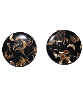 Vintage Foil Confetti Clip On Earrings Resin Black Gold Moons Retro Fashion